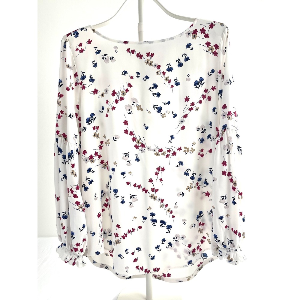 Ann Taylor Womens XL Floral Puff Sleeve Blouse Cream Burgundy Navy Round Neck